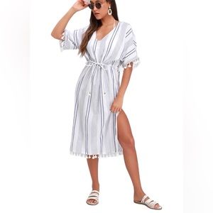 Lulu’s Sunshine On White and Blue Striped Kaftan Swim Cover-Up Size M